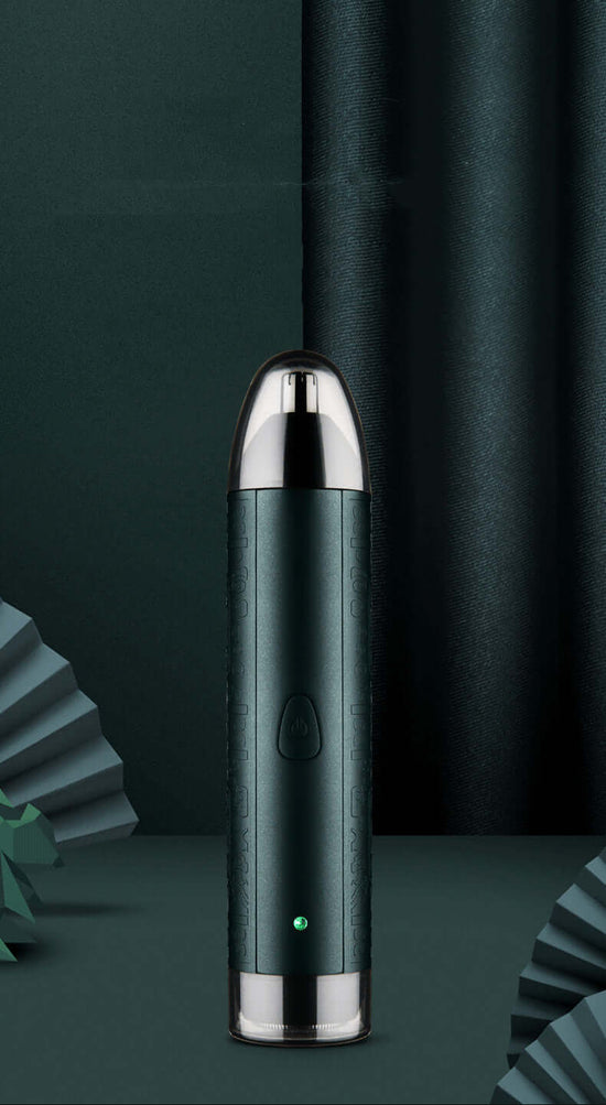 Portable Razor Nose Hair Trimmer Armpit Hair in dark green color with LED display and rotary heads design.