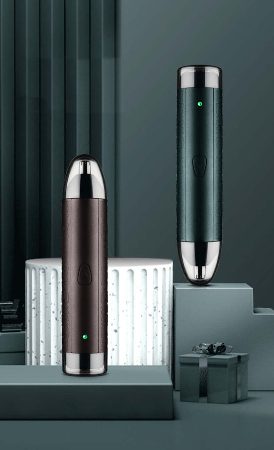 Portable Razor Nose Hair Trimmer Armpit Hair in dark green and bronze colors on a modern display.