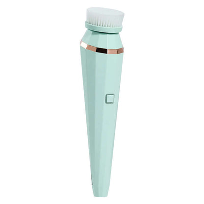 4-in-1 rechargeable facial cleansing brush in mint color with exfoliating bristles and a sleek design