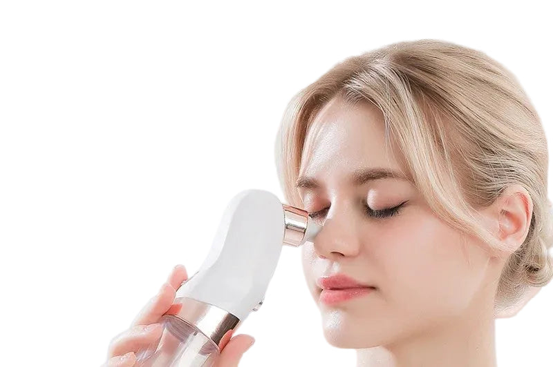 Woman using a skin beauty device with text about ultra-fine bubbles and deep cleansing.