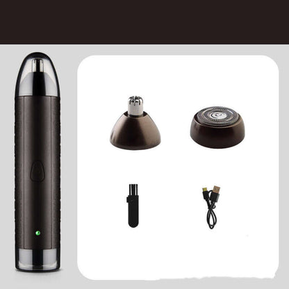 Portable Razor Nose Hair Trimmer Armpit Hair in dark bronze color with detachable heads and USB charging cable.